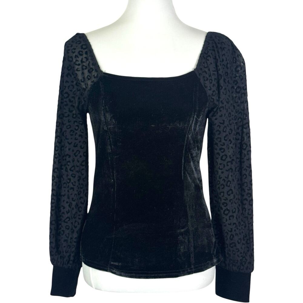 Ember Black Velvet Leopard Burnout Sheer Sleeve Blouse Top Smocked Witchy Sz M